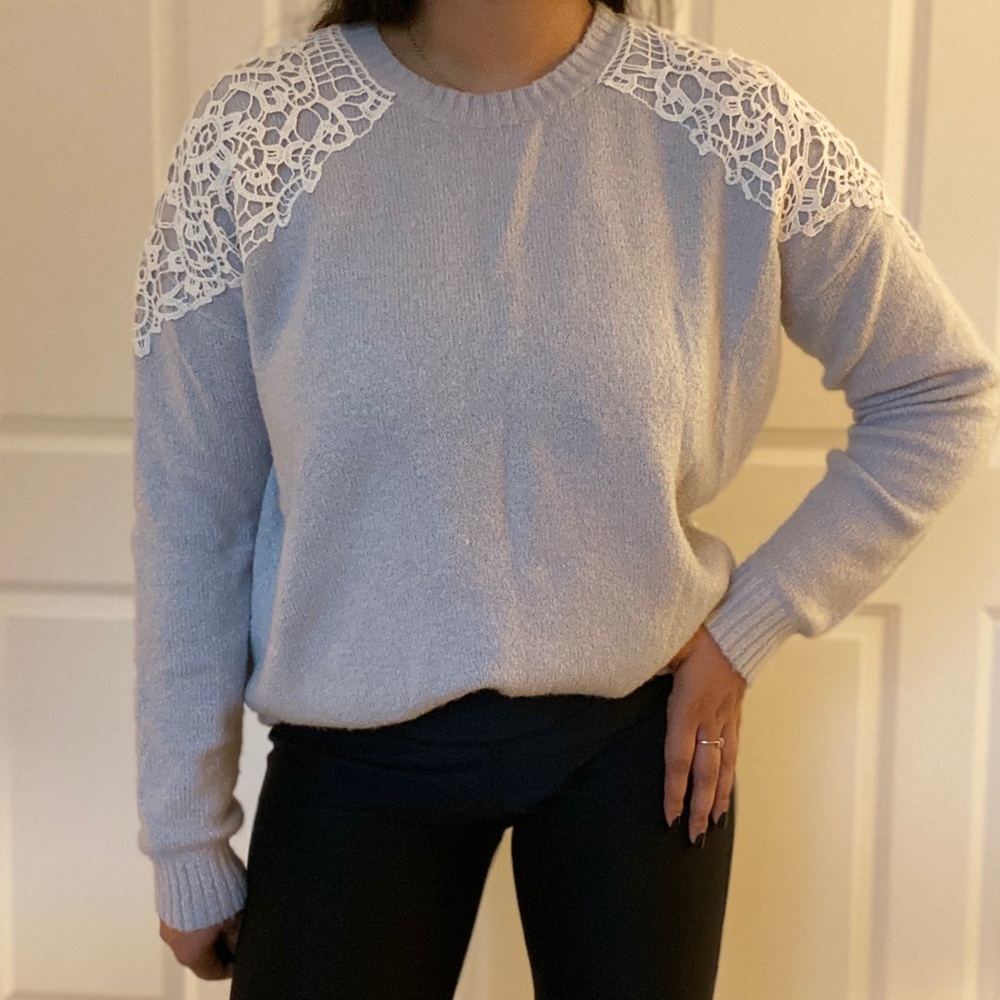 Oversized Light Gray Sweater Lace Crochet